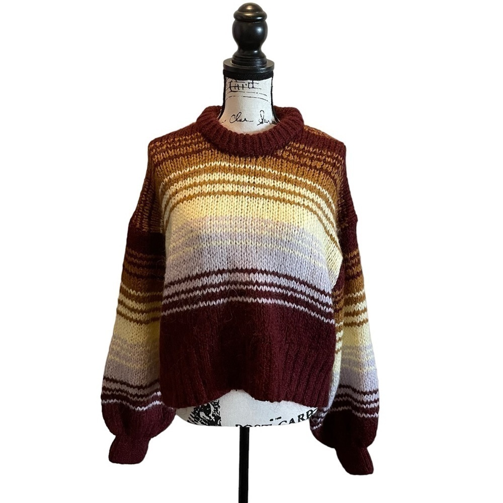 ZARA Wool Alpaca Chunky Knit Pullover Striped Sweater Burgundy Size Medium NWOT